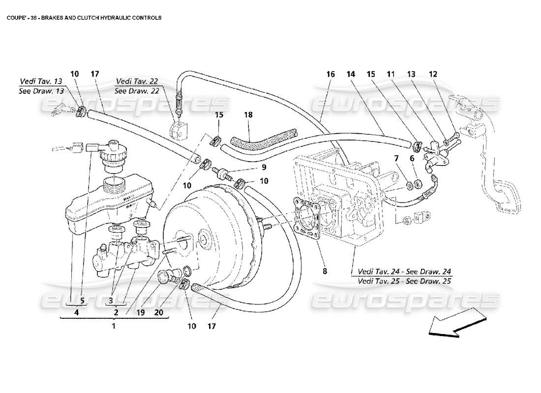 maserati 4200 coupe (2002) commandes hydrauliques de freins et d’embrayage schéma des pièces