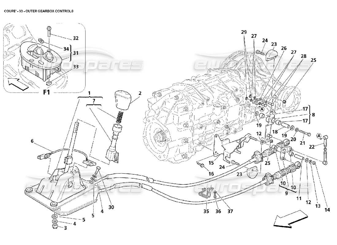 maserati 4200 coupe (2002) commandes extérieures de la boîte de vitesses schéma des pièces