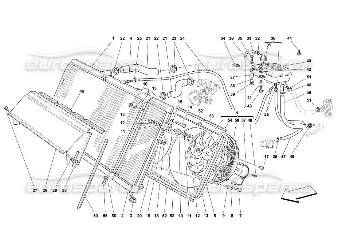 ferrari 550 maranello système de refroidissement - schéma des pièces du radiateur et du nourice