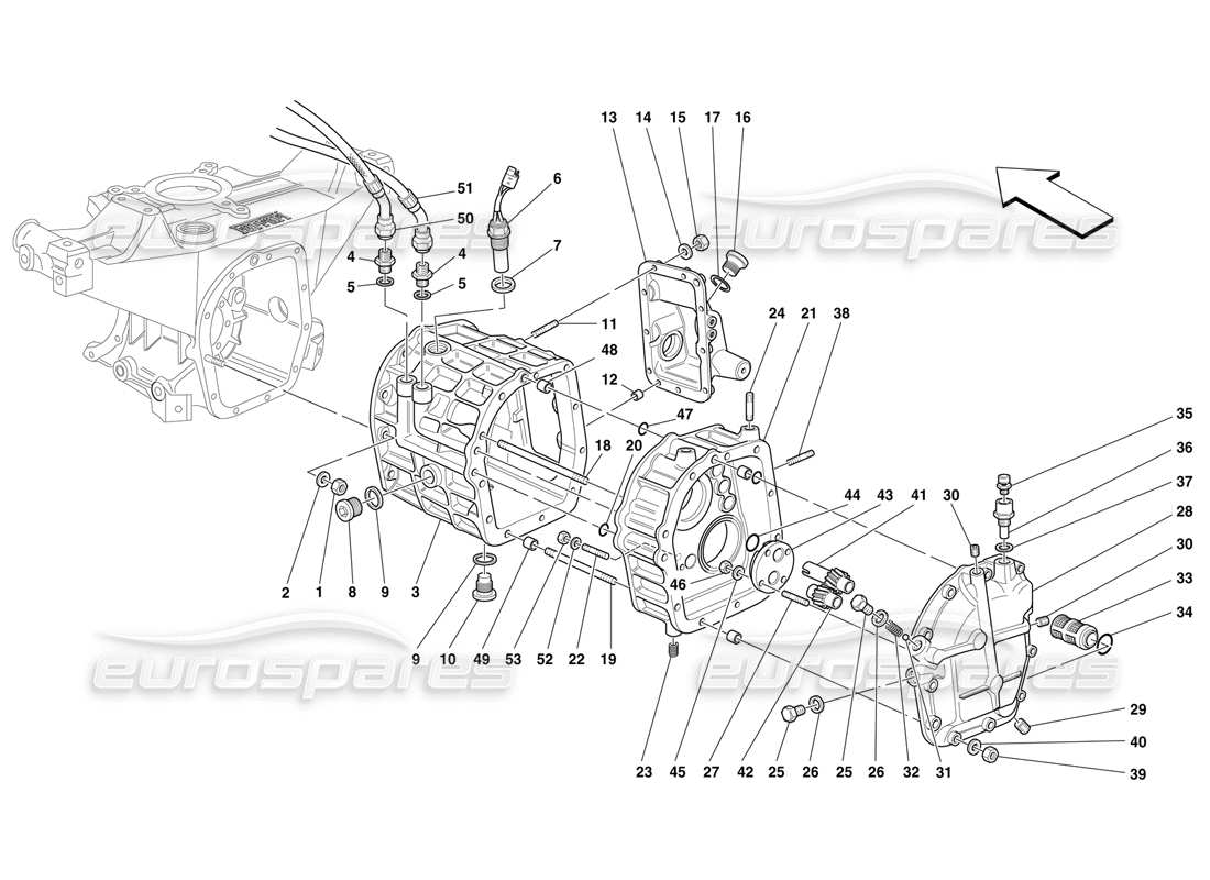 ferrari f50 carter de boîtes de vitesses partie arrière - couvercles et lubrification schéma des pièces