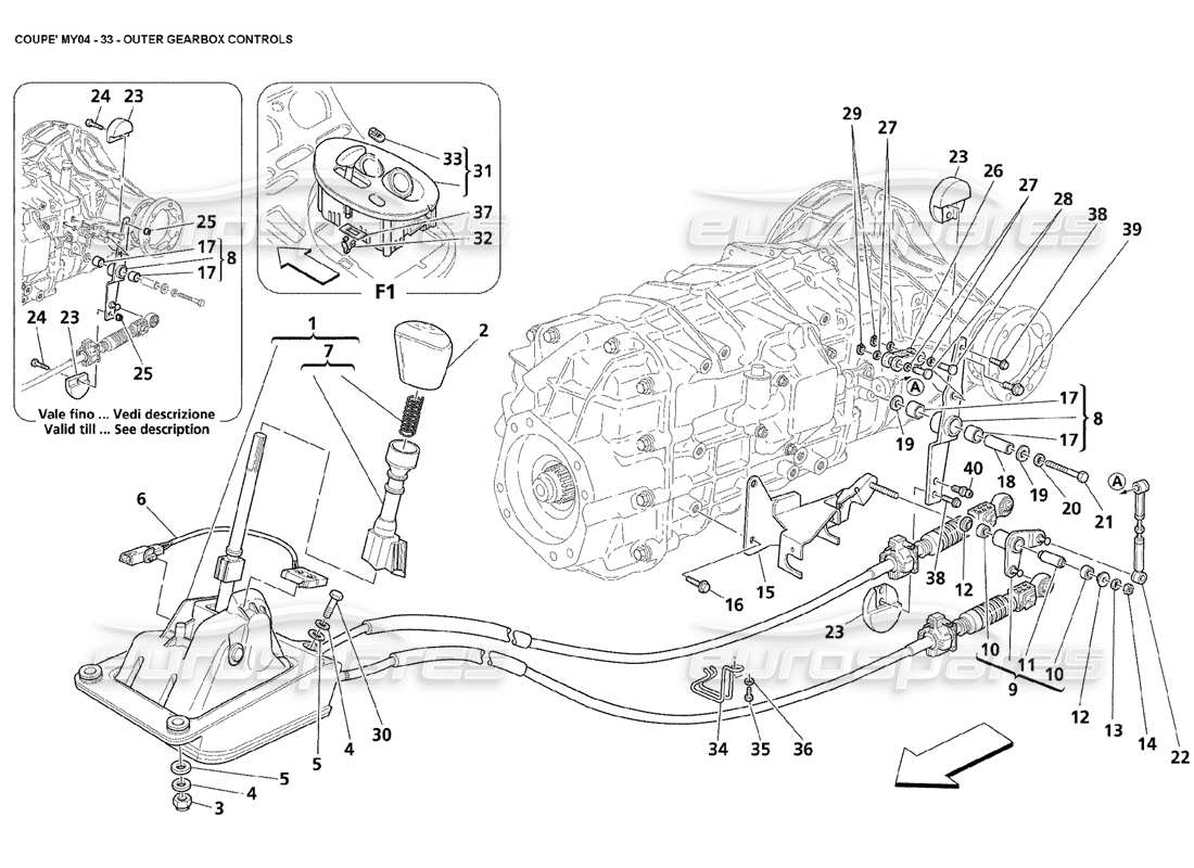 maserati 4200 coupe (2004) commandes extérieures de la boîte de vitesses schéma des pièces