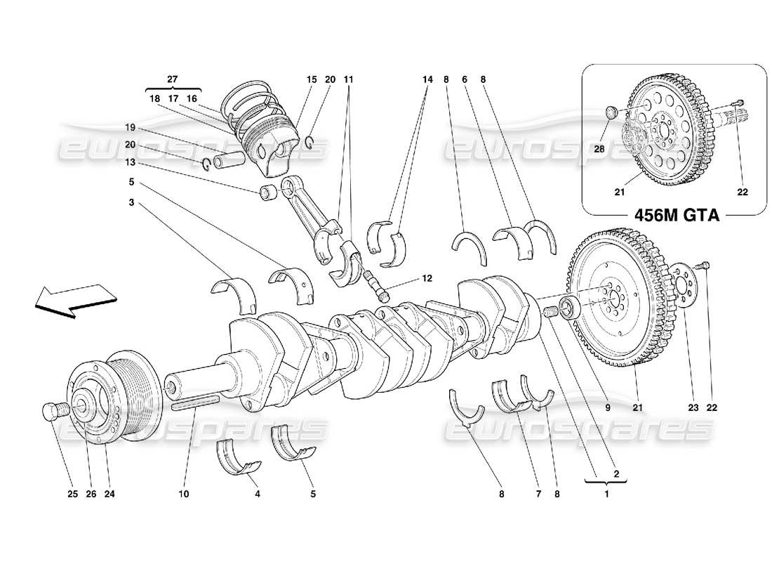 ferrari 456 m gt/m gta arbre d'entraînement - schéma des pièces des bielles et des pistons