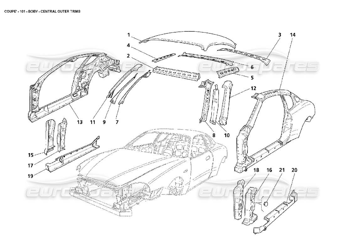maserati 4200 coupe (2002) schéma des pièces des garnitures extérieures centrales de la carrosserie