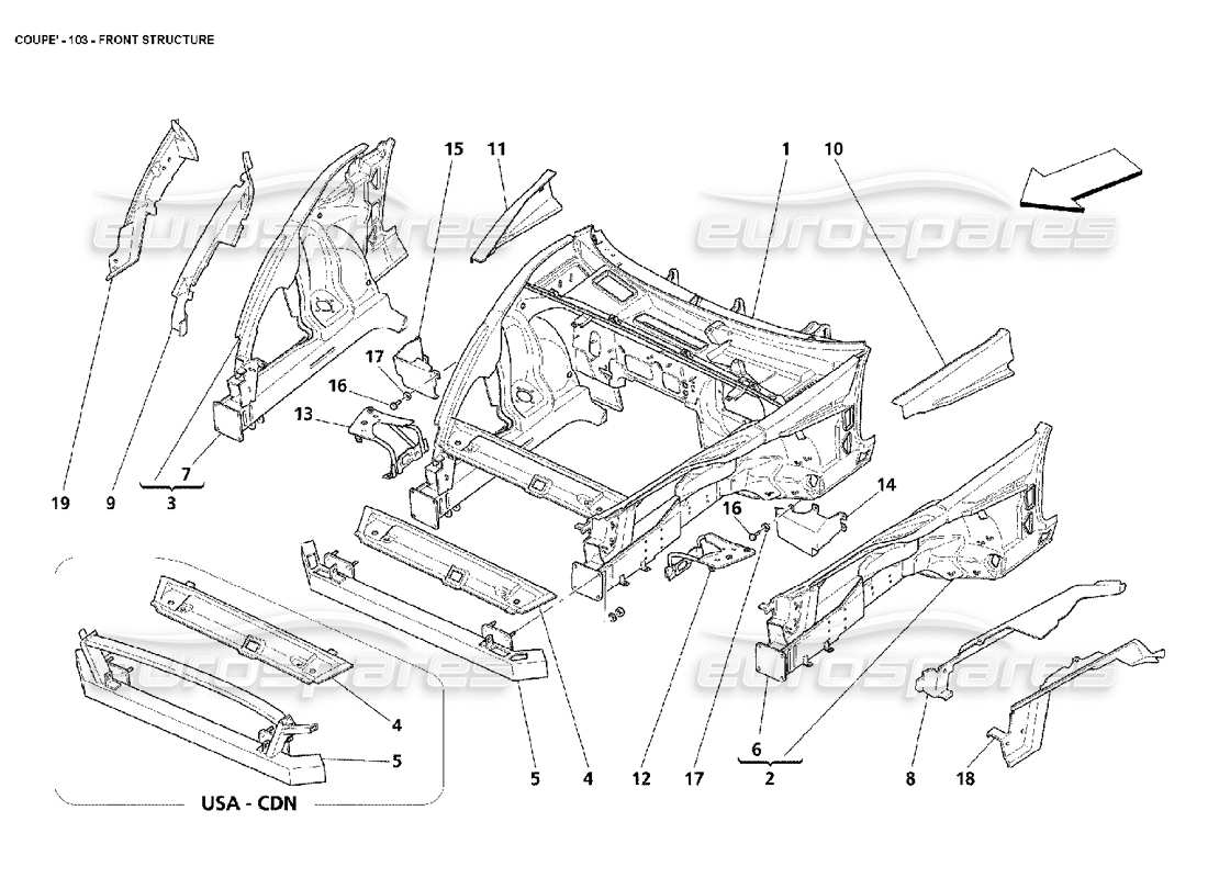 maserati 4200 coupe (2002) diagramme des pièces de la structure avant