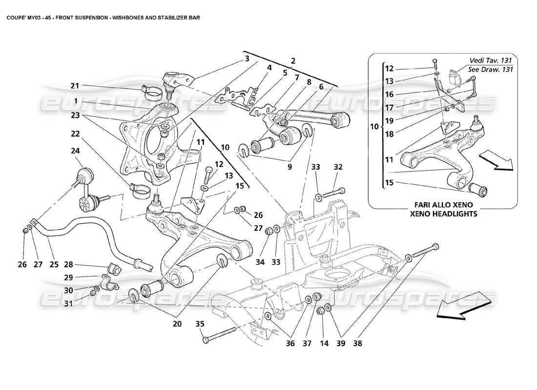 maserati 4200 coupe (2003) suspension avant - schéma des pièces des triangles de suspension et des stabilisateurs