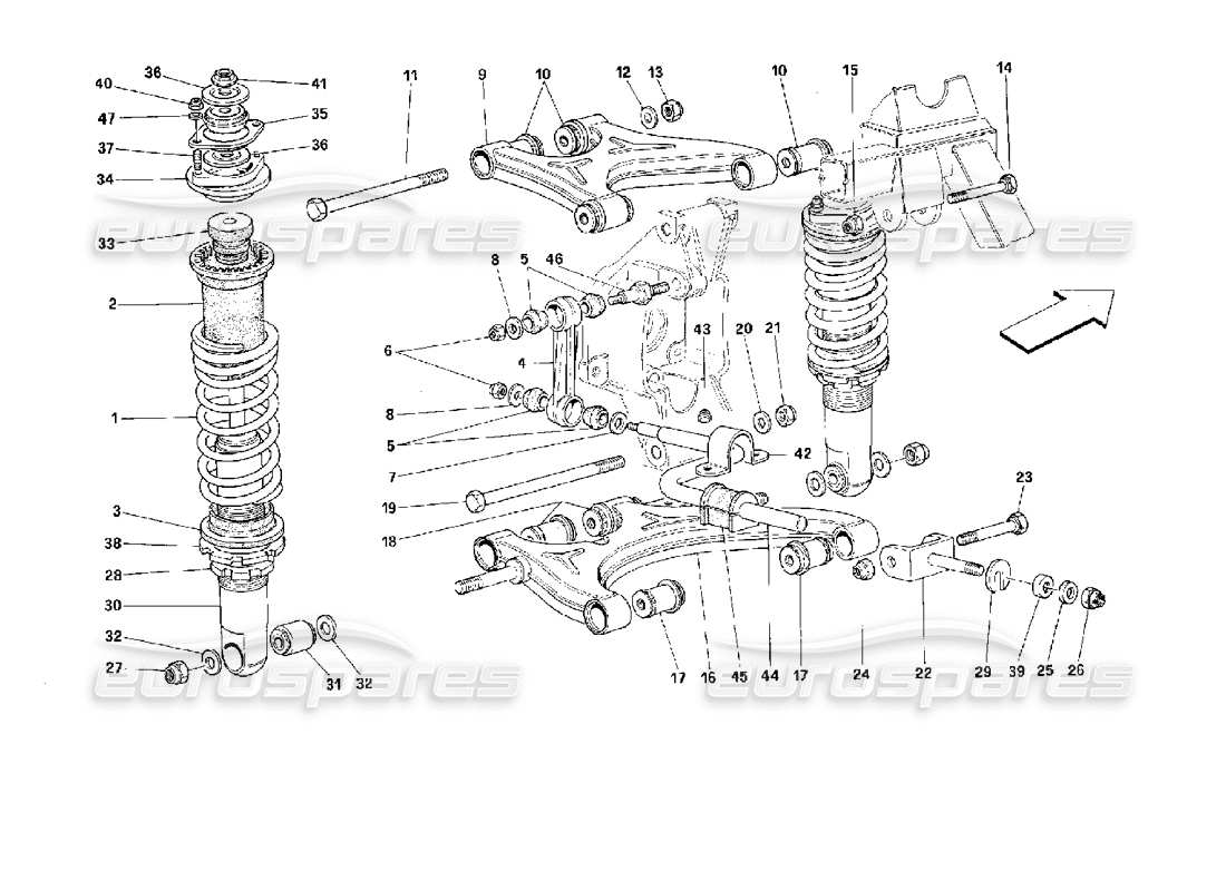 ferrari 512 m suspension arrière - triangles et amortisseurs schéma des pièces