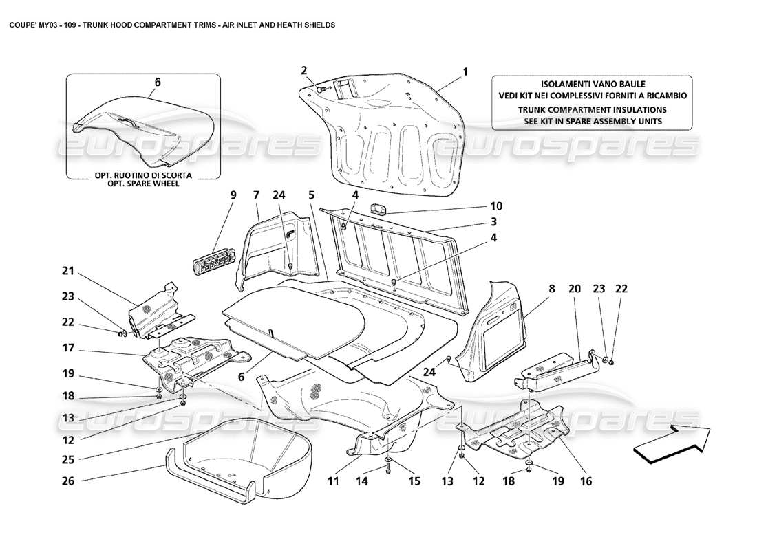 maserati 4200 coupe (2003) garnitures de compartiment de capot de coffre - schéma des pièces des entrées d'air et des protections de chaleur