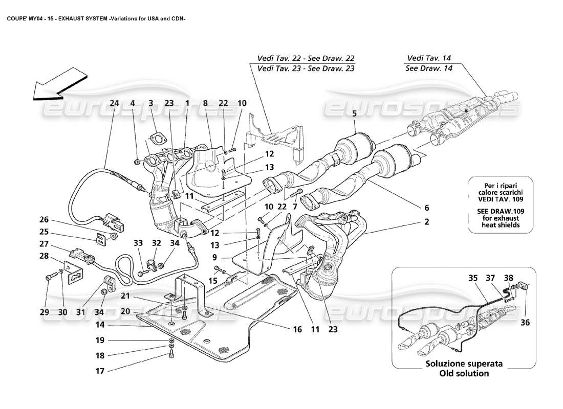 maserati 4200 coupe (2004) variations du système d'échappement pour les états-unis et le canada diagramme des pièces