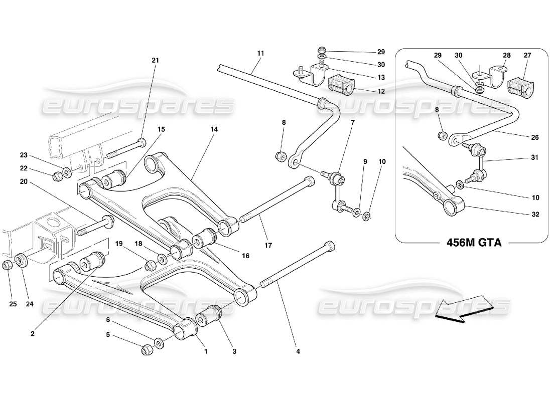 ferrari 456 m gt/m gta suspension arrière - diagramme des pièces des triangles et de la barre stabilisatrice
