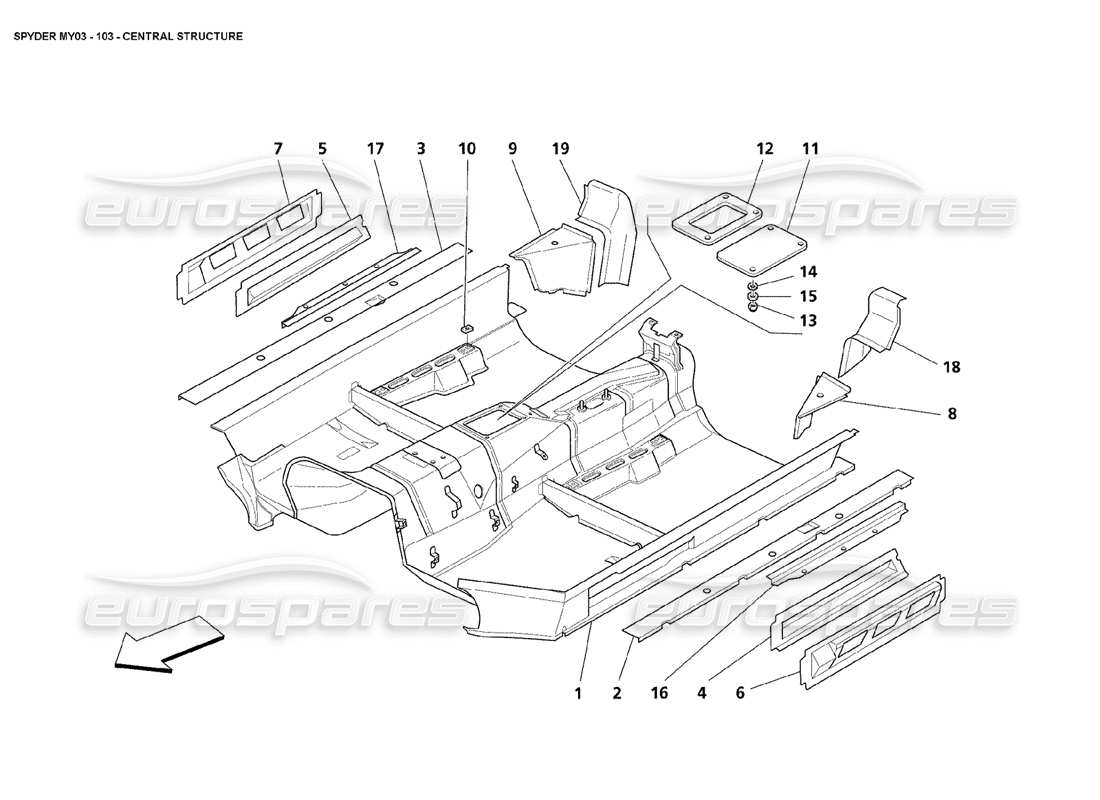 maserati 4200 spyder (2003) diagramme des parties de la structure centrale