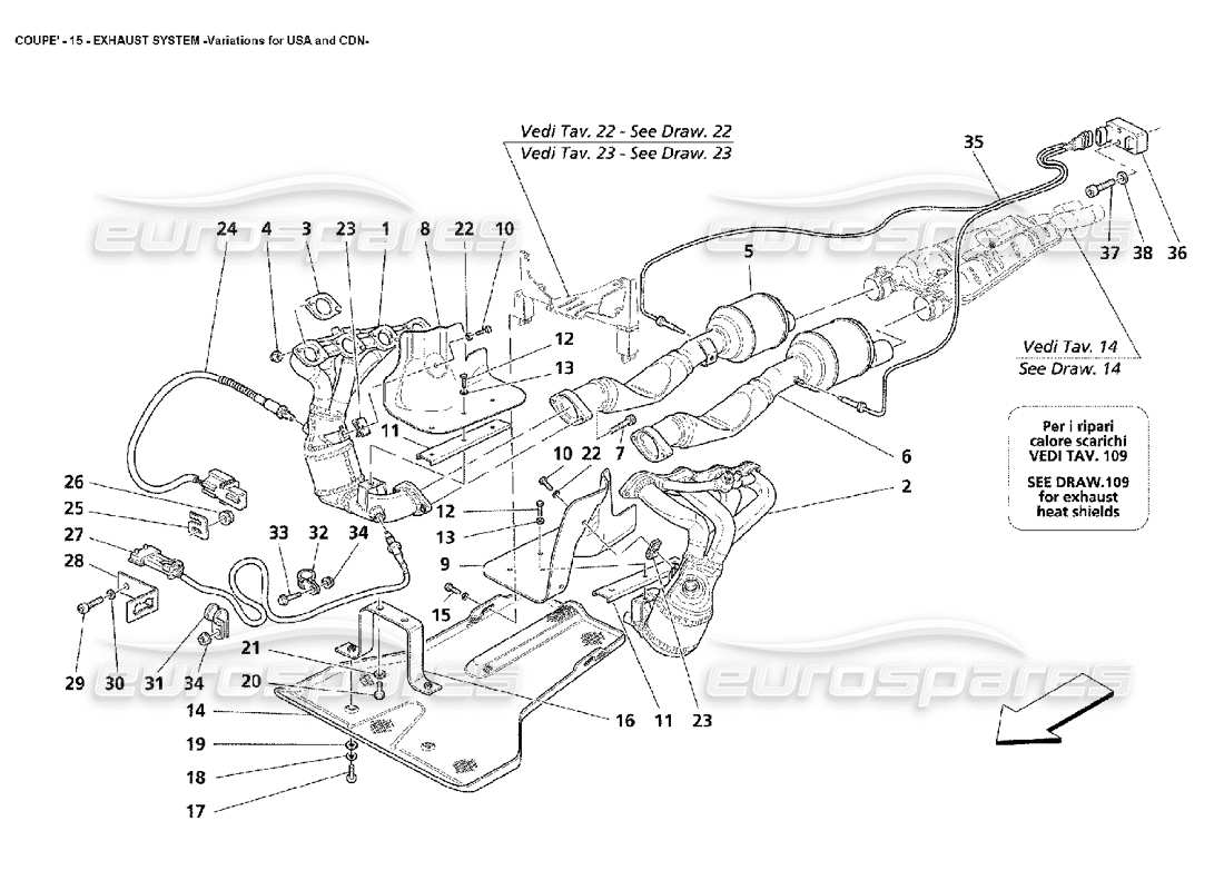 maserati 4200 coupe (2002) système d'échappement - variations pour les états-unis et le canada diagramme des pièces