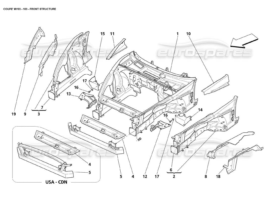 maserati 4200 coupe (2003) diagramme des pièces de la structure avant