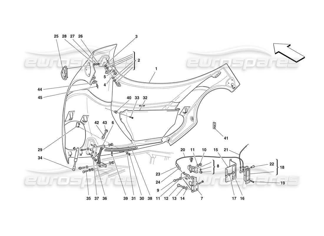 ferrari f50 capot avant et commande d'ouverture schéma des pièces