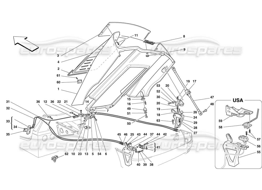 ferrari f50 capot arrière et commande d'ouverture schéma des pièces