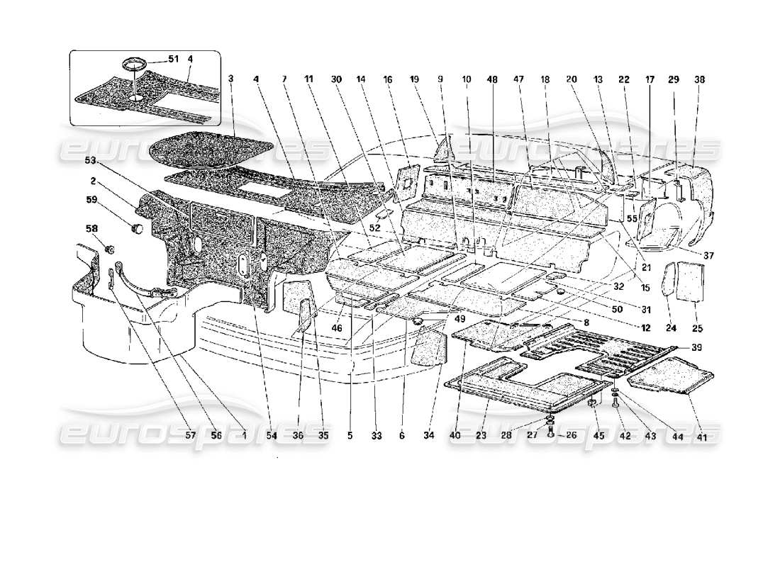 ferrari 512 m tapis pour coffre à bagages et panneaux isolants schéma des pièces