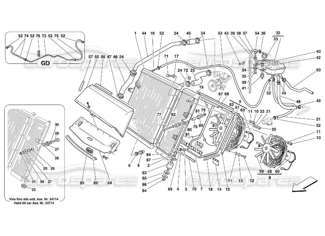 ferrari 456 m gt/m gta système de refroidissement - schéma des pièces du radiateur et du nourice