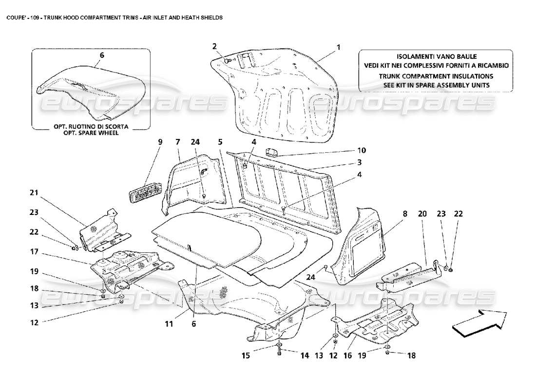 maserati 4200 coupe (2002) garnitures de compartiment de capot de coffre - schéma des pièces d'entrée d'air et de boucliers thermiques