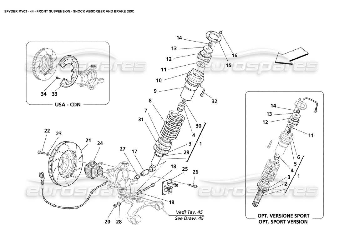 maserati 4200 spyder (2003) suspension avant - schéma des pièces des amortisseurs et des disques de frein