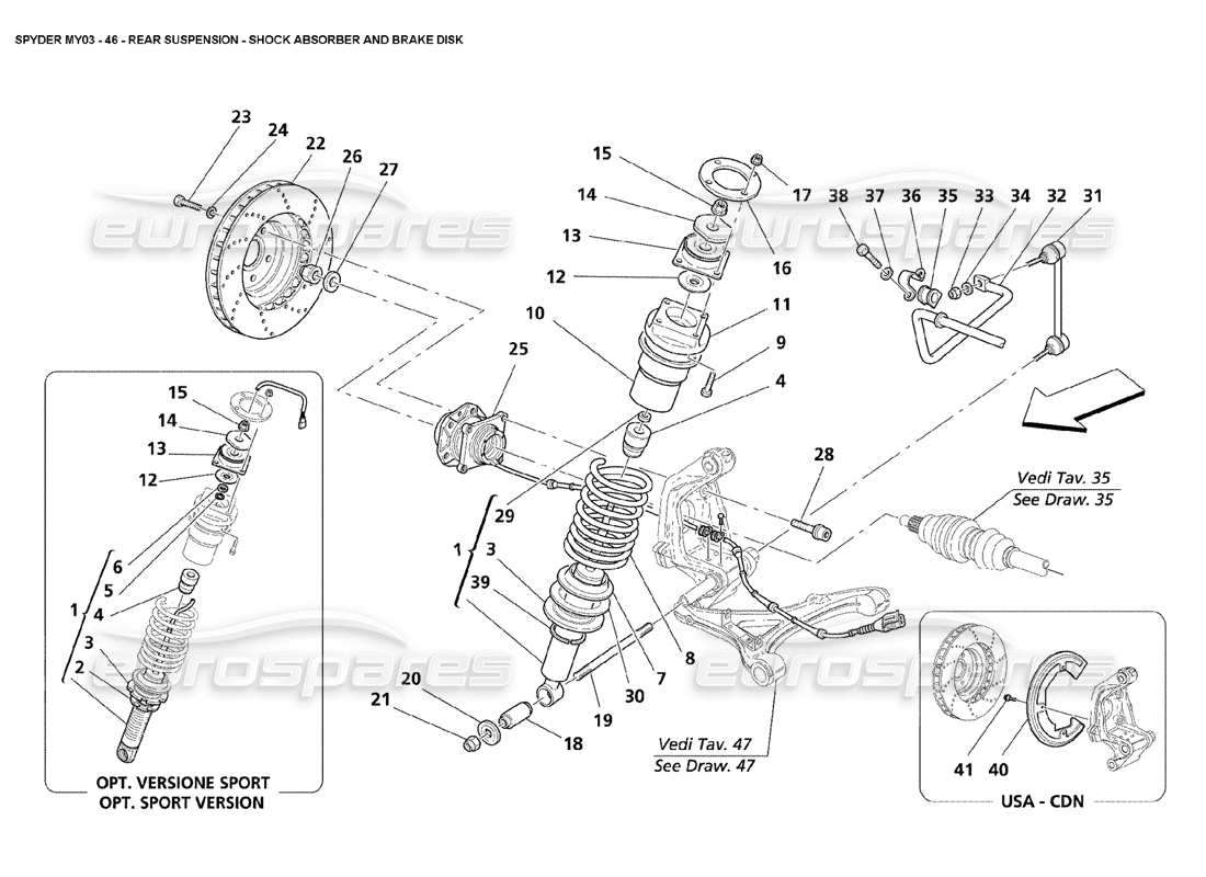 maserati 4200 spyder (2003) suspension arrière - schéma des pièces des amortisseurs et des disques de frein