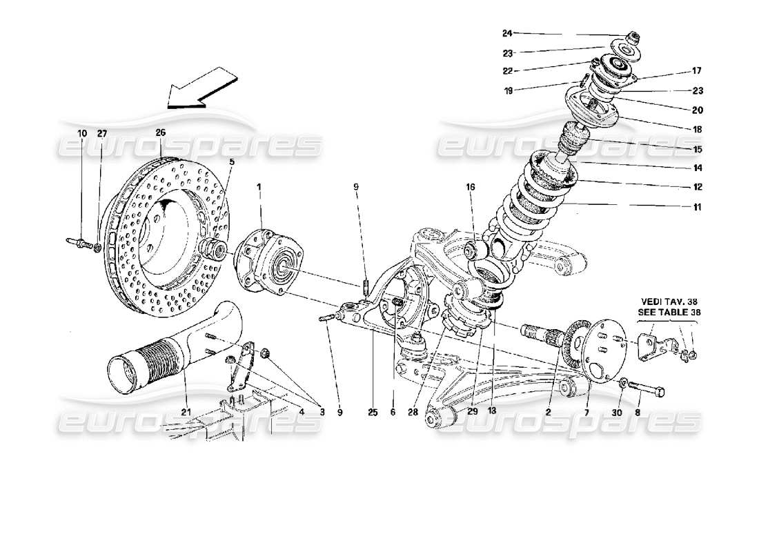 ferrari 512 m suspension avant - amortisseur et disque de frein schéma des pièces