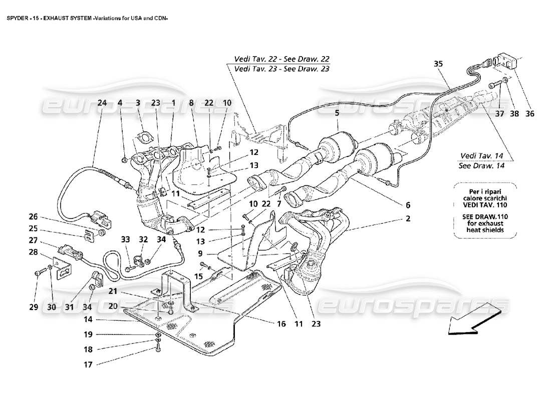 maserati 4200 spyder (2002) système d'échappement - variations pour les états-unis et le canada diagramme des pièces