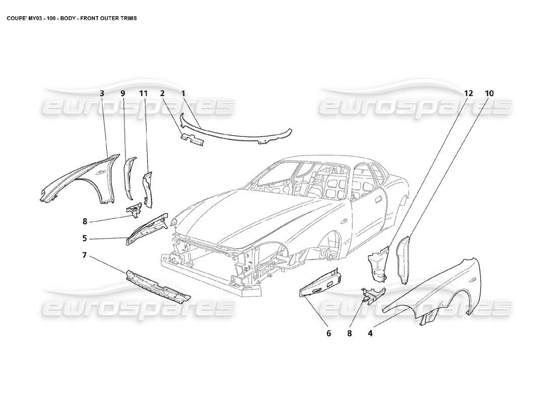 maserati 4200 coupe (2003) carrosserie - diagramme des pièces de la garniture extérieure avant