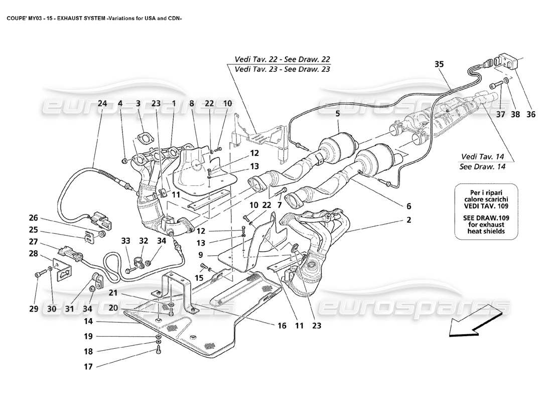 maserati 4200 coupe (2003) système d'échappement - variations pour les états-unis et le canada diagramme des pièces