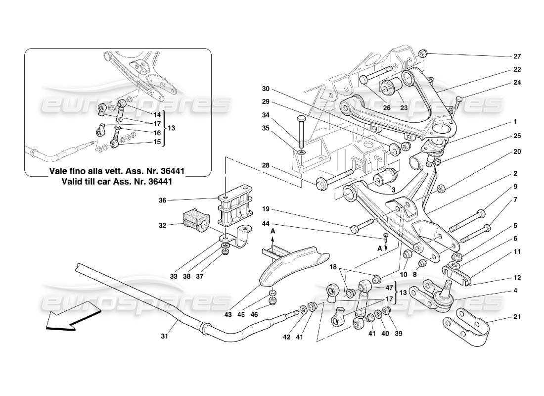 ferrari 456 m gt/m gta suspension avant - diagramme des pièces des triangles et de la barre stabilisatrice