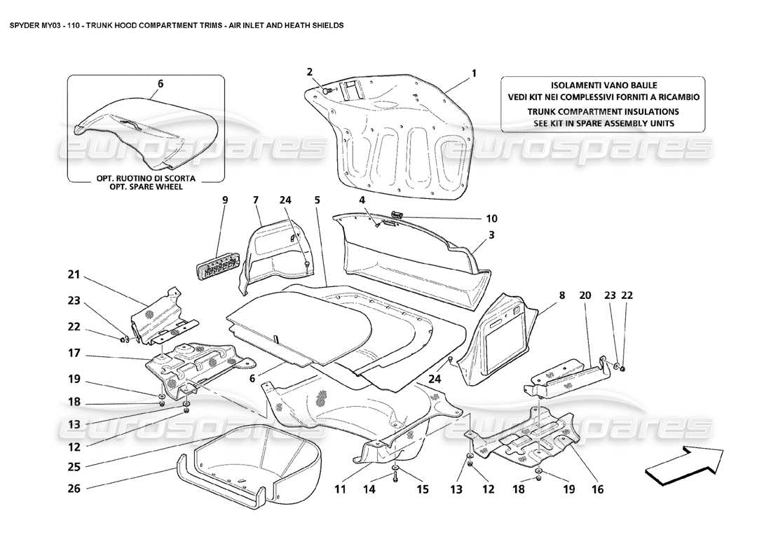 maserati 4200 spyder (2003) garnitures de compartiment de capot de coffre - schéma des pièces d'entrée d'air et de boucliers de santé