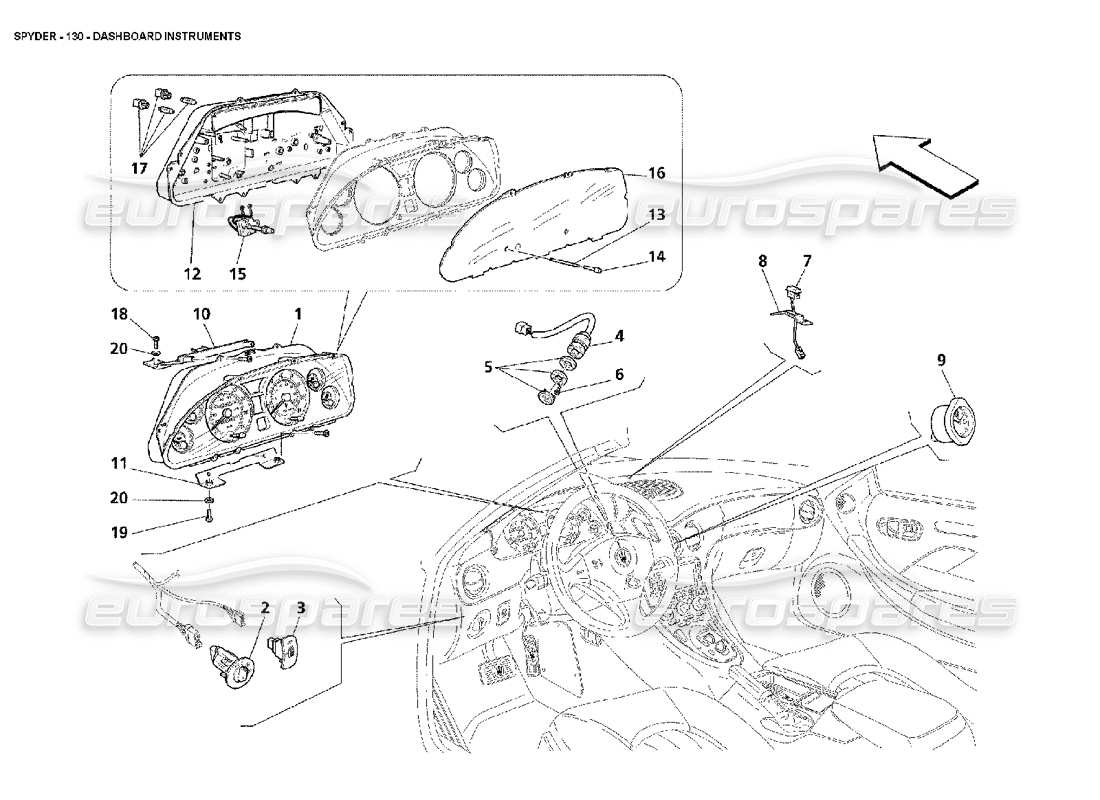 maserati 4200 spyder (2002) instruments du tableau de bord schéma des pièces