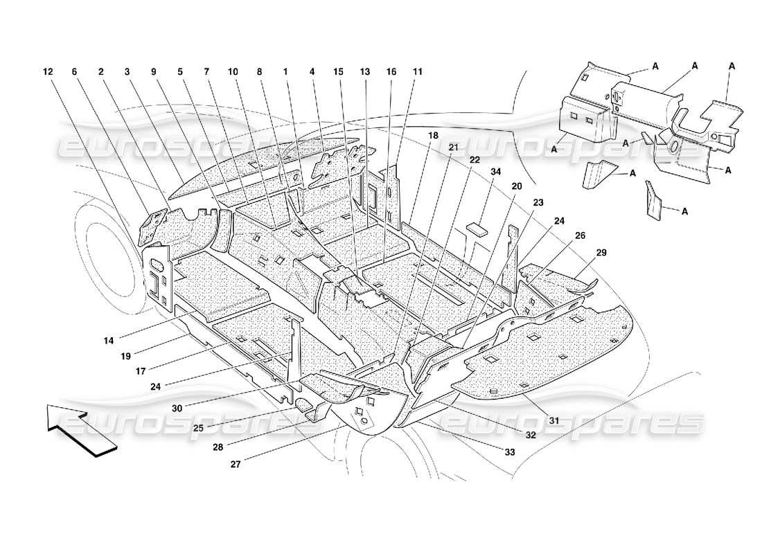 ferrari 456 m gt/m gta compartiment passagers. et compartiment moteur. schéma des pièces d'isolation