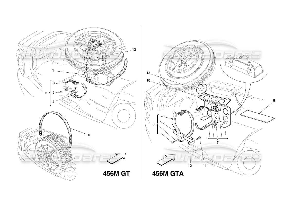 ferrari 456 m gt/m gta fixations de roue de secours schéma des pièces