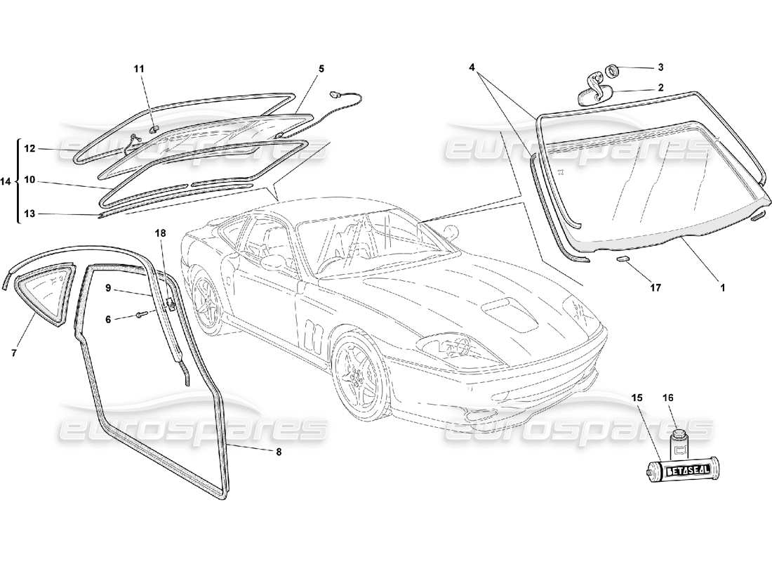 ferrari 550 maranello schéma des pièces des verres et des joints
