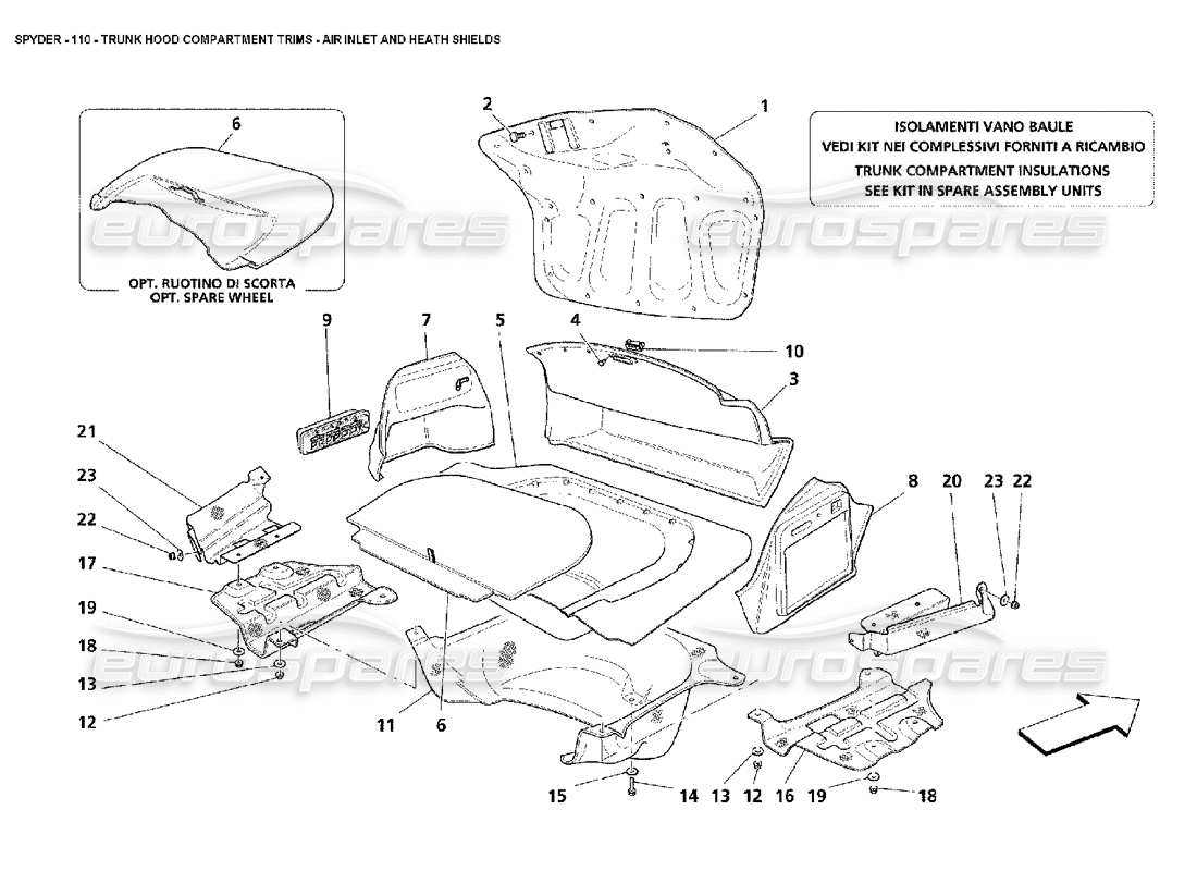 maserati 4200 spyder (2002) garnitures de compartiment de capot de coffre - schéma des pièces d'entrée d'air et de boucliers thermiques