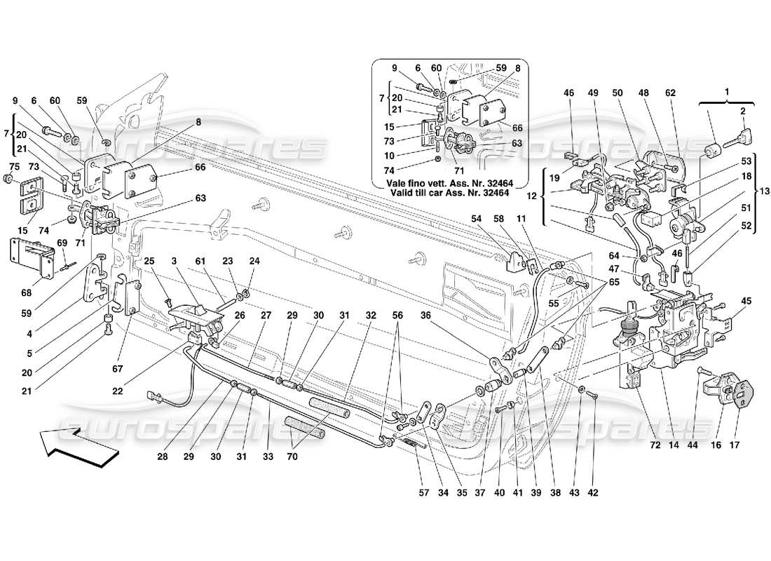 ferrari 456 m gt/m gta portes - schéma des pièces du contrôle d'ouverture et des charnières