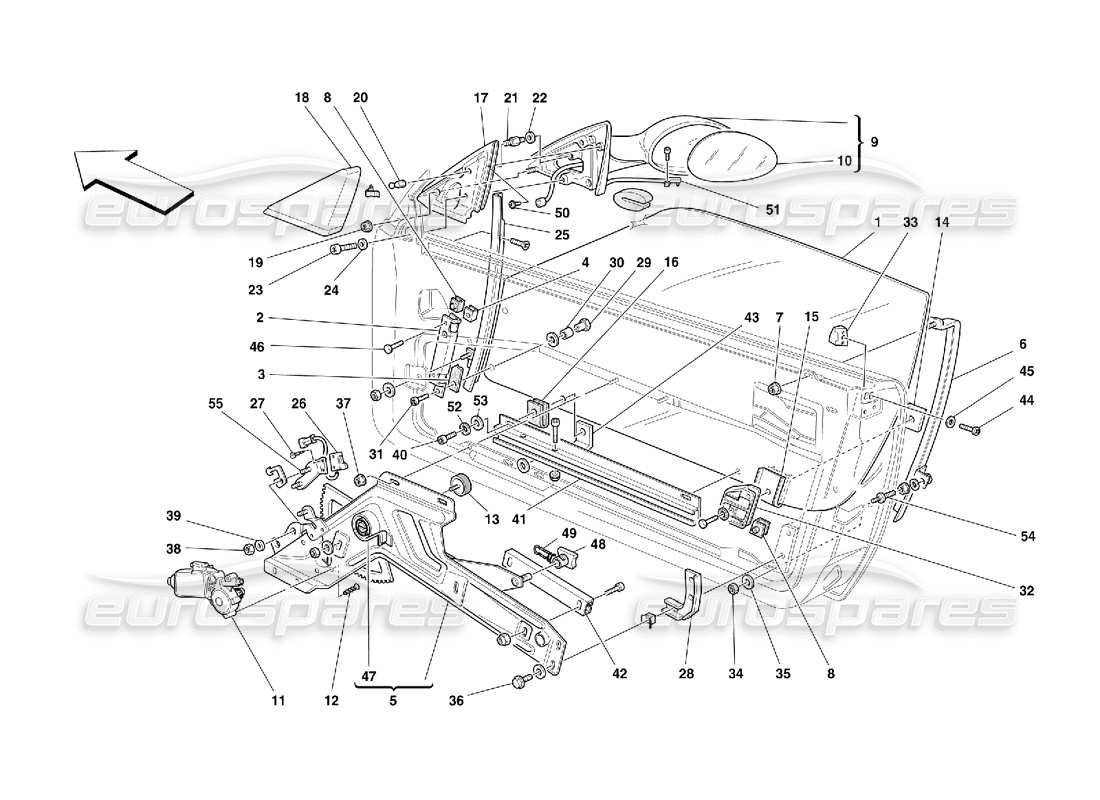 ferrari 550 maranello portes - schéma des pièces des vitres électriques et des rétroviseurs