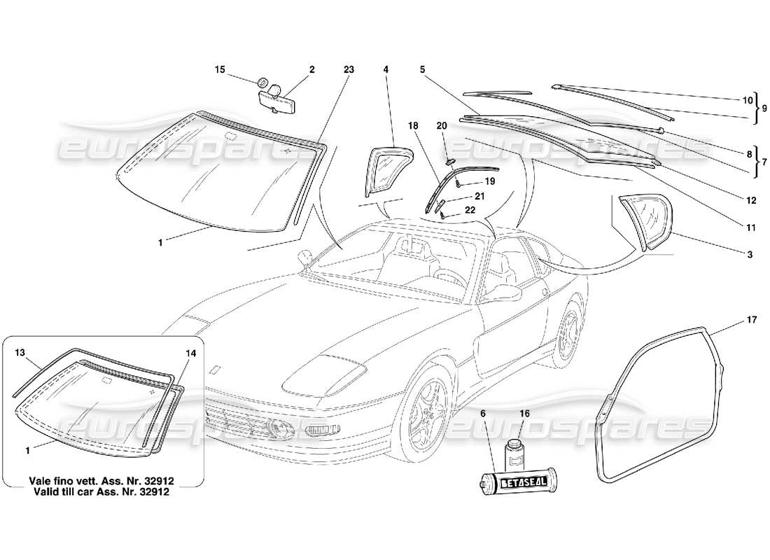 ferrari 456 m gt/m gta diagramme des pièces de verres et de joints