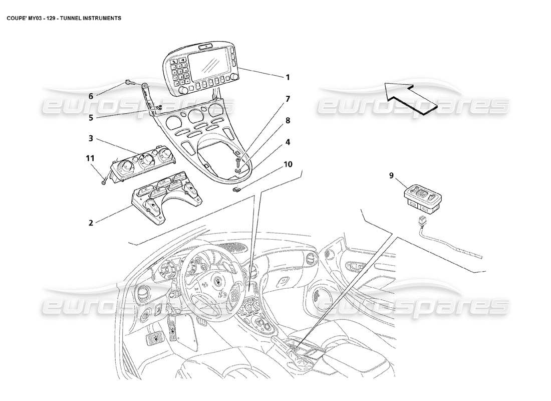 maserati 4200 coupe (2003) diagramme des pièces des instruments du tunnel