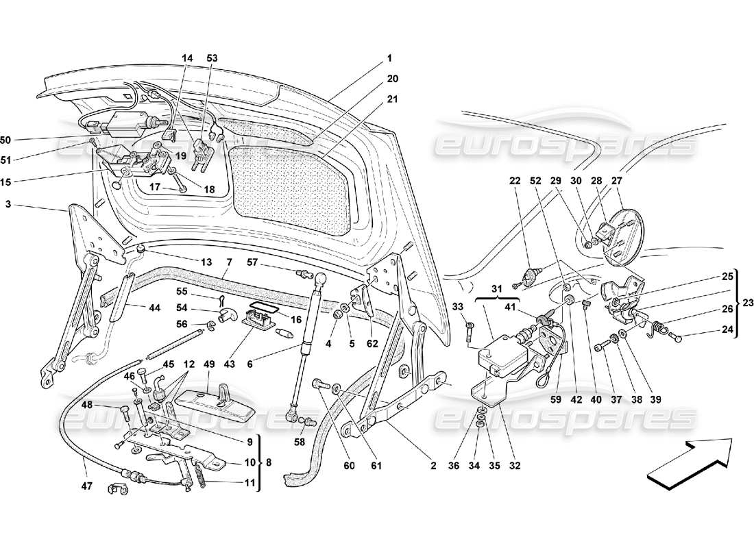 ferrari 550 maranello schéma des pièces de la porte de coffre et du couvercle d'essence