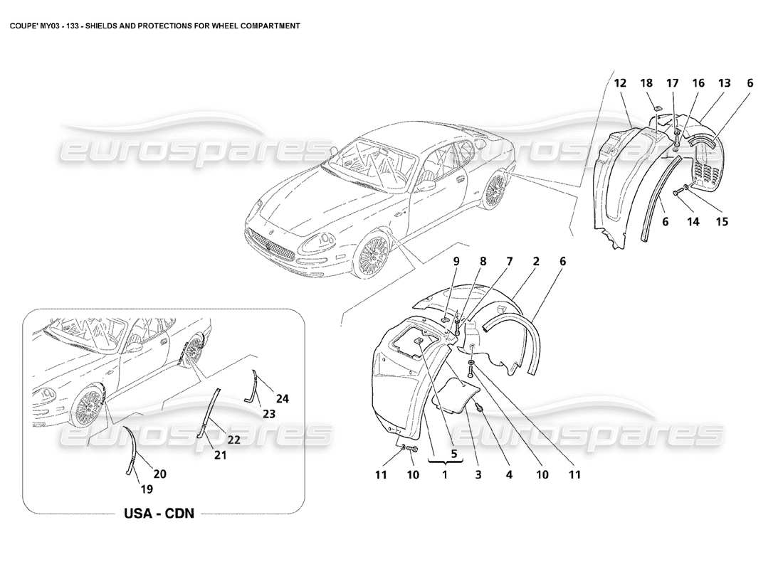 maserati 4200 coupe (2003) boucliers et protections pour le schéma des pièces du compartiment de roue