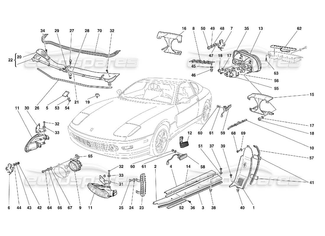 ferrari 456 m gt/m gta feux avant et arrière - schéma des pièces des finitions extérieures