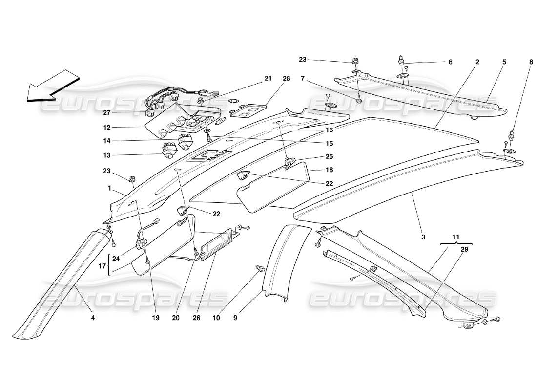 ferrari 550 maranello schéma des pièces du revêtement des panneaux de toit et des accessoires