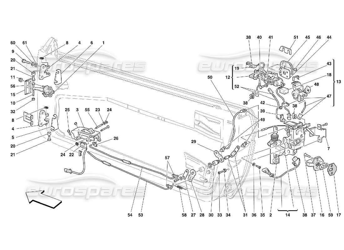 ferrari 550 maranello portes - schéma des pièces du contrôle d'ouverture et des charnières