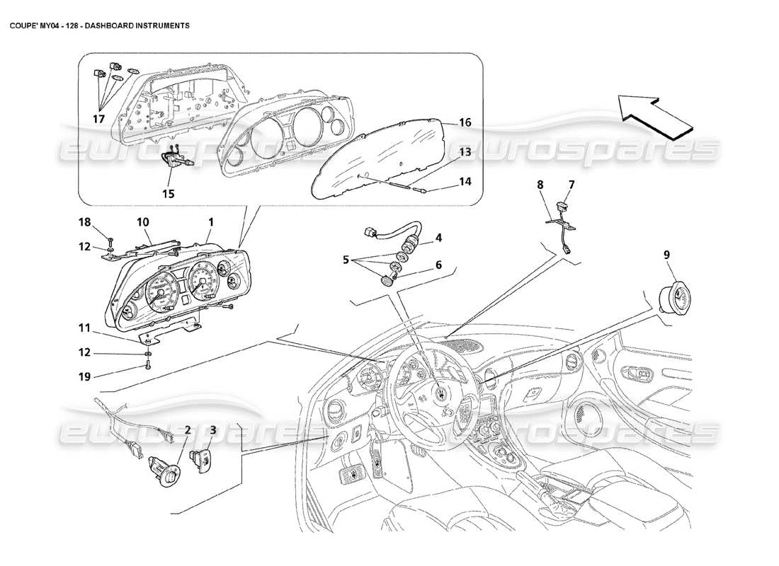 maserati 4200 coupe (2004) instruments du tableau de bord schéma des pièces