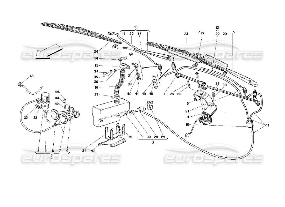 ferrari 512 m schéma des pièces d'essuie-glace, de rondelle et de klaxons