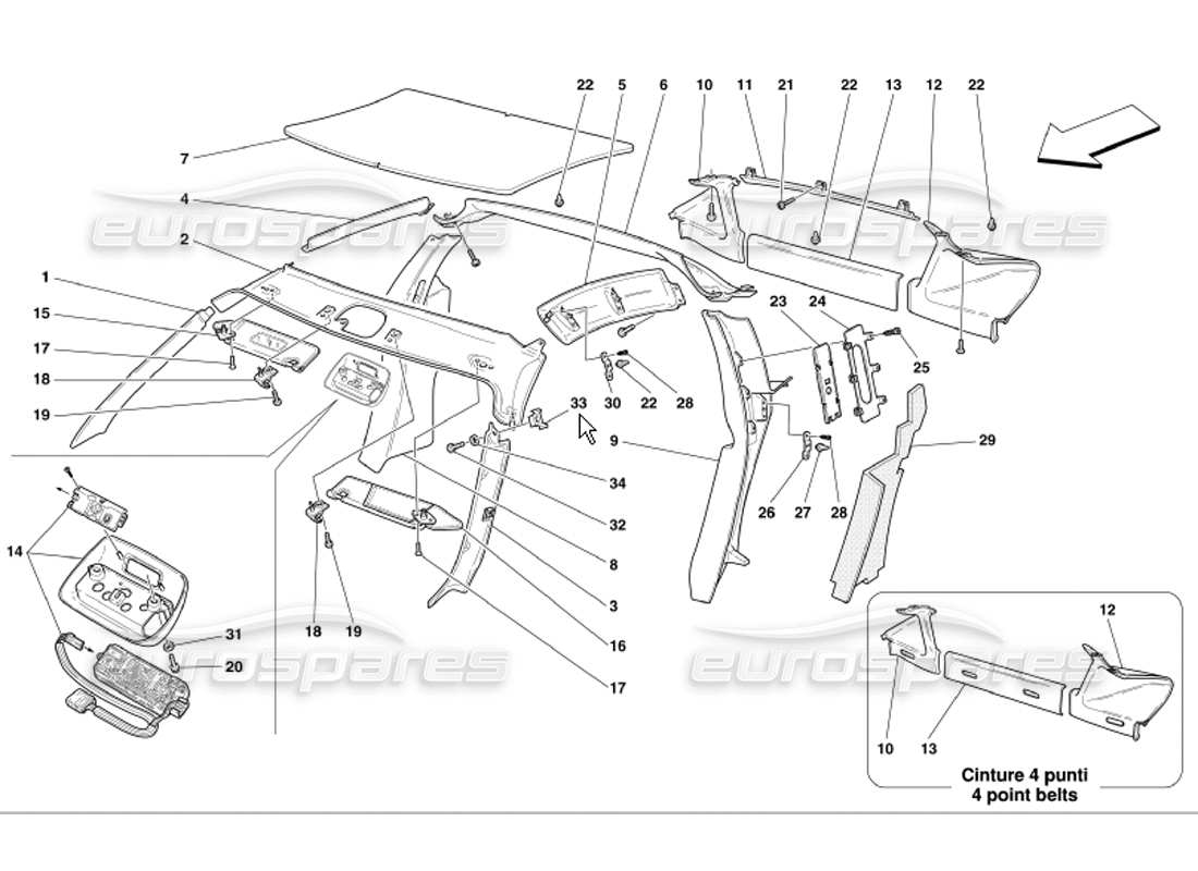 ferrari 360 modena rembourrage et accessoires des panneaux de toit schéma des pièces