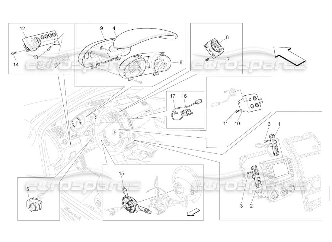 maserati qtp. (2009) 4.7 auto dispositifs de tableau de bord schéma des pièces