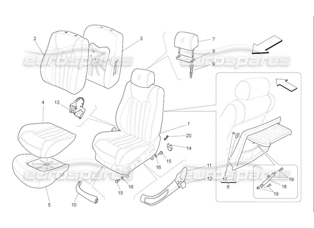 maserati qtp. (2007) 4.2 f1 sièges avant : diagramme de pièces des panneaux de garniture