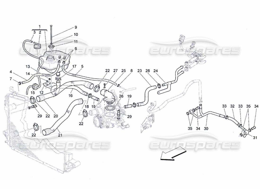 maserati qtp. (2010) 4.7 système de refroidissement : diagramme de pièces nourice et lignes