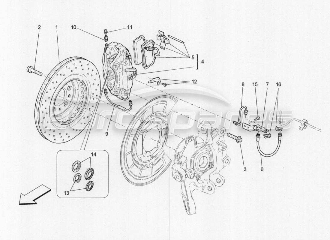 maserati qtp. v8 3.8 530bhp 2014 auto schéma des pièces des dispositifs de freinage sur les roues arrière